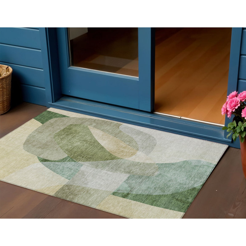 Tapis extérieur lavable abstrait vert artichaut 3 'x 5' taupe