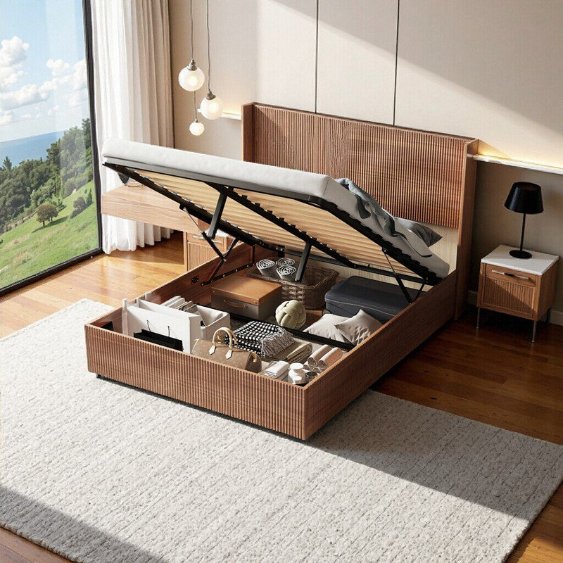 Queen-Size Lifting Storage Bed with Elevated Headboard
