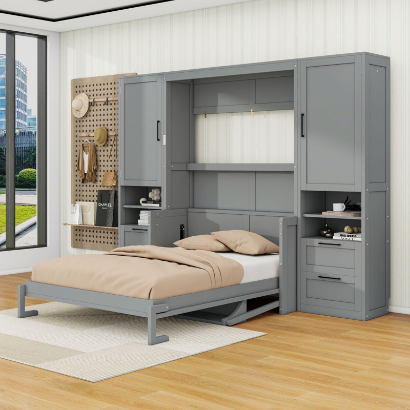 Lit escamotable 4 tiroirs en bois avec placard et tablettes, Gris