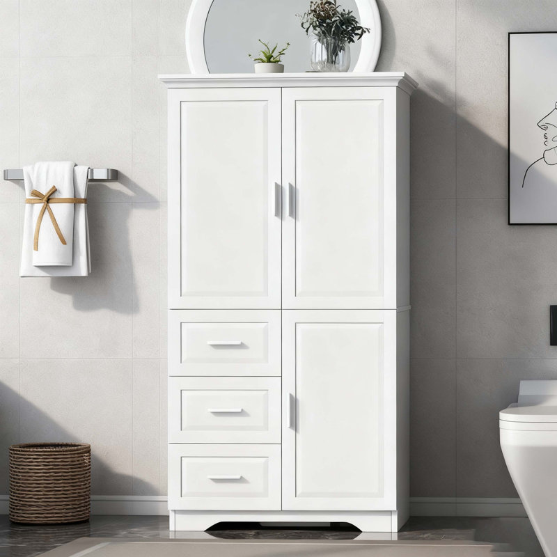 Armoire de rangement haute et large avec portes pour salle de bain / bureau, trois tiroirs, blanc