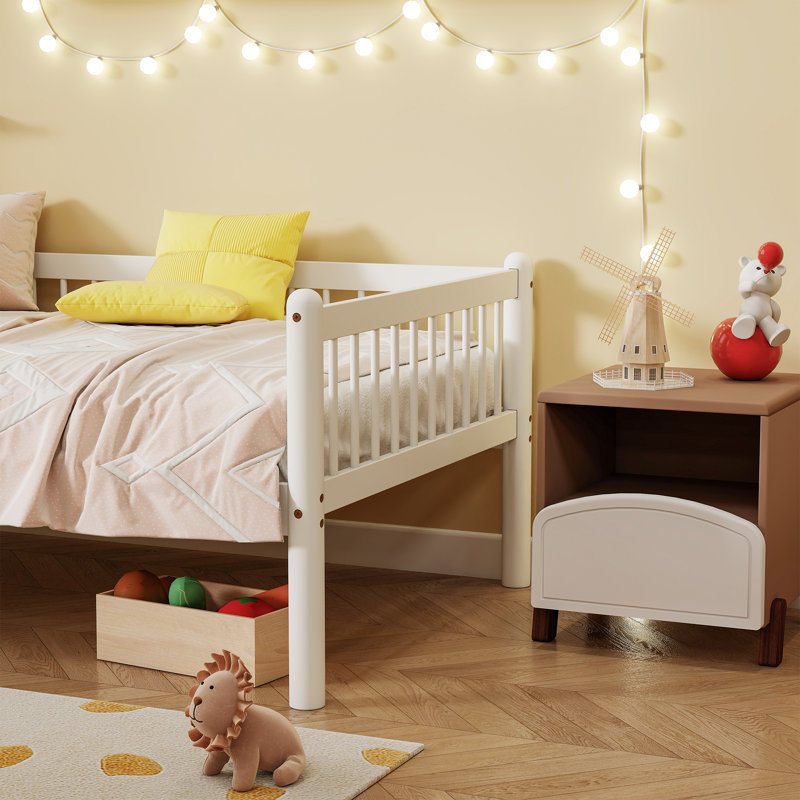 Lit double avec barrières de sécurité sur 3 côtés et cadre en bois, Blanc