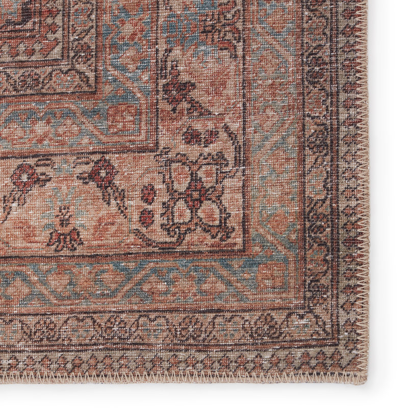 Washable Blue and Red Medallion Wool Rug