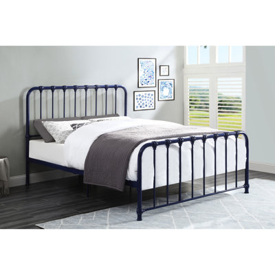 Lit en métal pour chambre à coucher en bleu, grand lit, sans sommier tapissier, grand lit au fini bleu décoratif, éblouissant, ressort