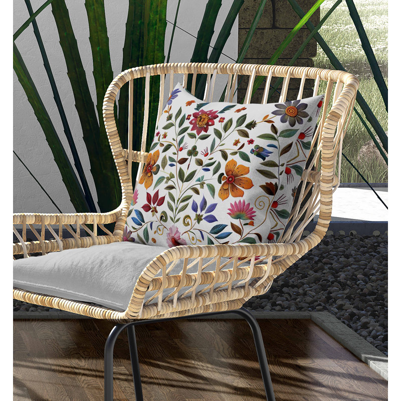 Coussin décoratif symétrique d'intérieur / extérieur Flora, Carré 16 po, Blanc / vert / orange / crème
