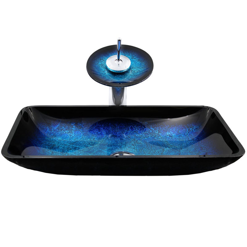 Novatto 14'' Glass Square Bathroom Sink with Faucet, Chorme