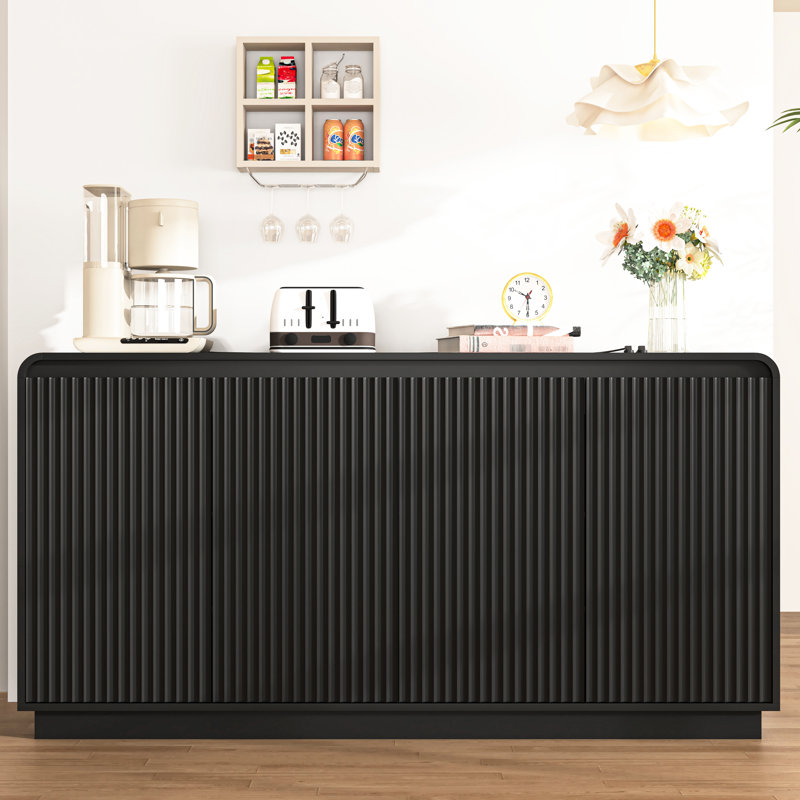 Meuble audio-vidéo cannelé noir à 4 portes avec prise de courant, conception sans poignée, 3 espaces de rangement réglables pour les salons média Wave