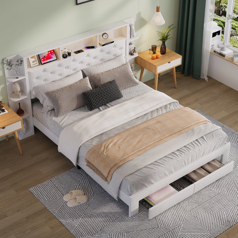 Velvet Bed Frame With LED Headboard, USB & USB-C, Storage Shelves & Side 4-Tier Bookshelves, 2 Drawers