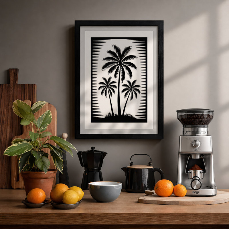 Three Palms Tropical - Framed Print, A3 - 42.0 x 29.7 cm, Black