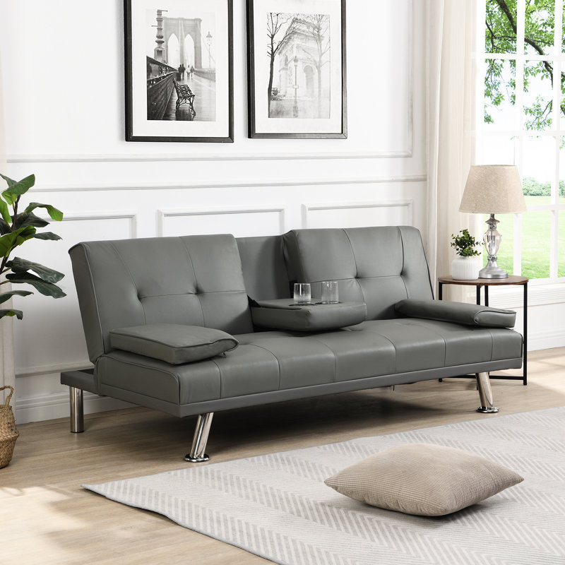 Bed With Armrest, Grey Cover, Stainless Leg, 2, 7.09In Package Height, Functional For Different Rooms Leather Futon Bed, Stable Base Security