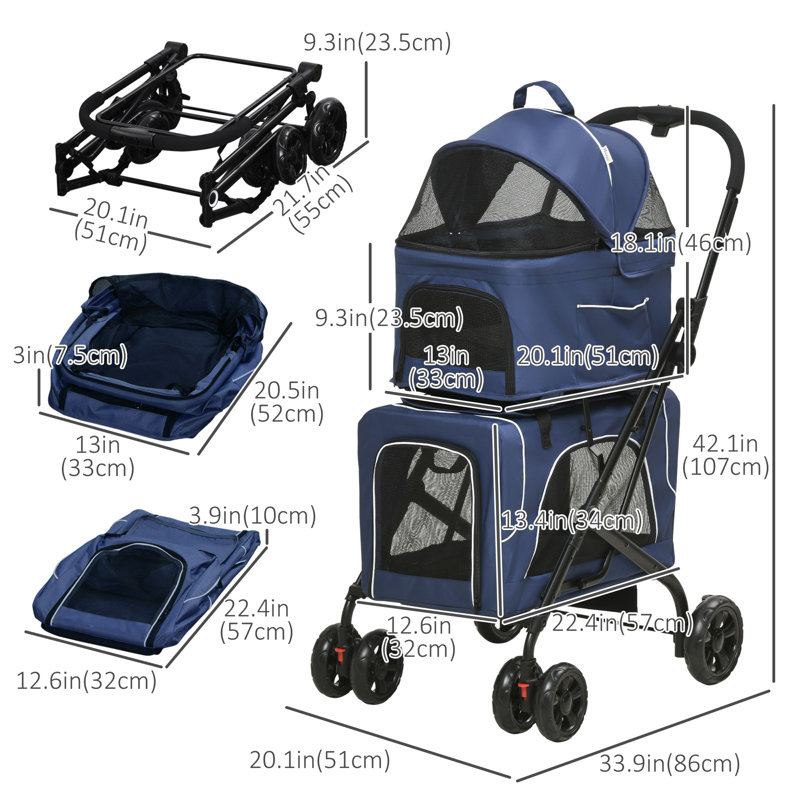 Foldable Pet Stroller with Detachable Carrier, Dark Blue