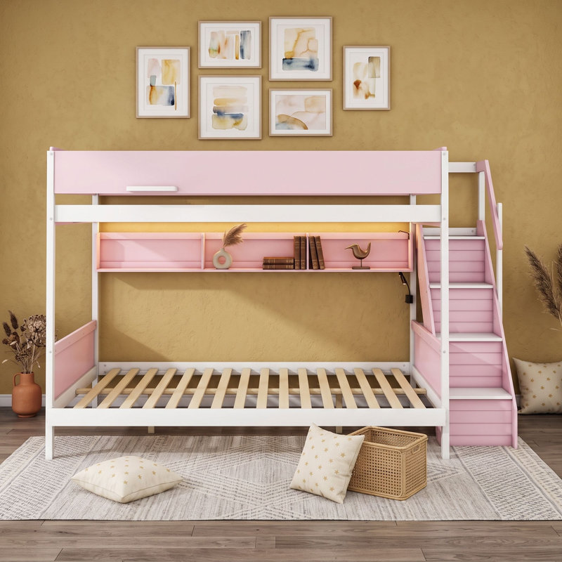 Lit superposé en bois avec éclairage sous le lit pour moderne et escalier, Double TG sur grand, Rose