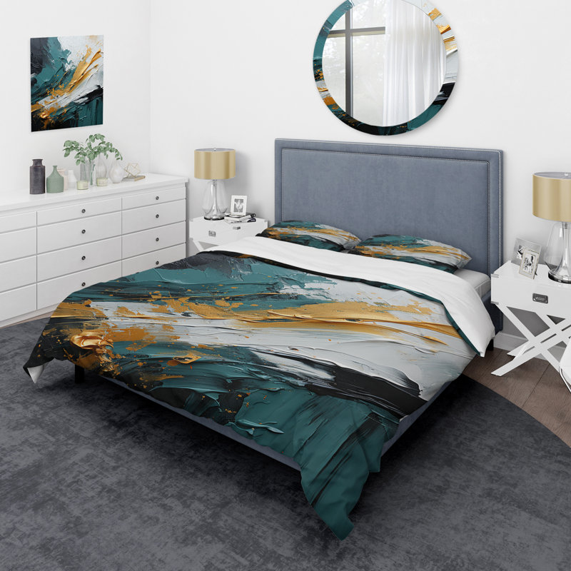 Ensemble de housse de couette à peinture abstraite dorée et verte et marbre blanc VI