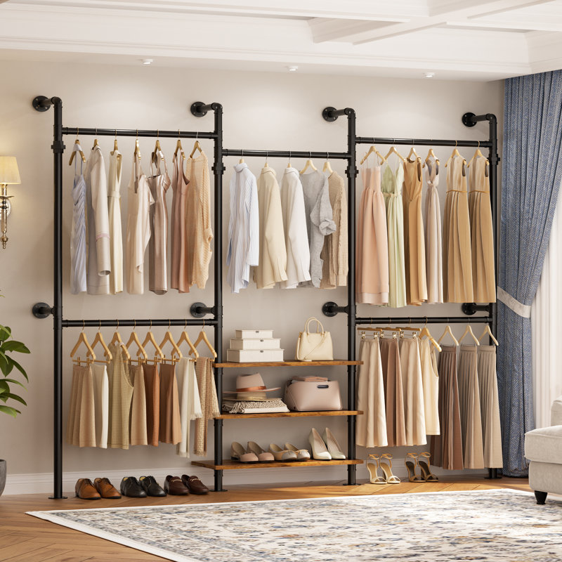 84"-128" Metal Pipe Clothing Rack Wall Mounted , Garment Rack, Brown