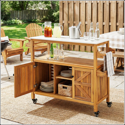 Ensemble de 1 chariot-bar d'extérieur en bois d'acacia de patio, résistant aux intempéries et durable pour recevoir et servir