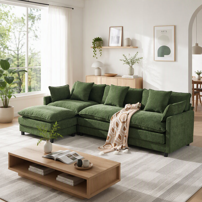 Canapé modulaire en forme de L 108 po en forme de nuage avec repose-pieds et siège profond en chenille 4 places 108 po, Vert