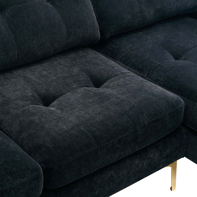 Jiuliana Upholstered Sectional Reversible, Black Velvet, Gold