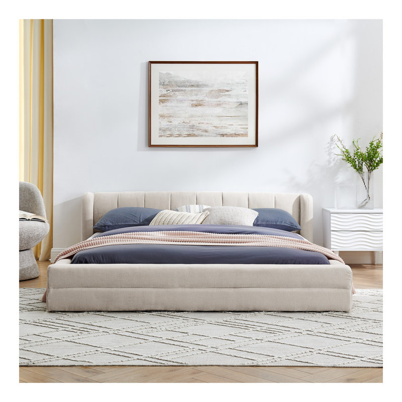 Grand cadre de lit tapissier grand avec tissu épais, lit plateforme grand en chenille avec tête de lit et cadre beige