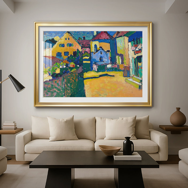 Murnau, maisons à Obanglet-Wassily Kandinsky, reproduction encadrée avec passe-partout et verre - 1908, 26,5 x 36,5, Doré