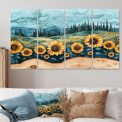 Paysage de champ de tournesols sur une rivière en bois III - Art mural de tournesols - Art mural traditionnel, toile 4 pièces
