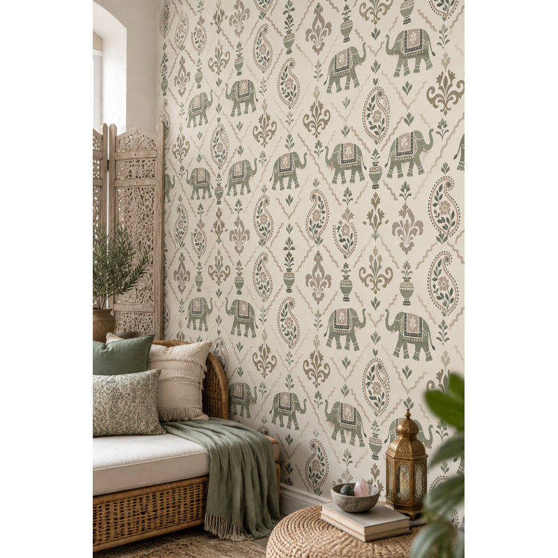 Papier peint d'éléphants à motif floral cachemire, fond vert sauge et ivoire, Peel and Stick