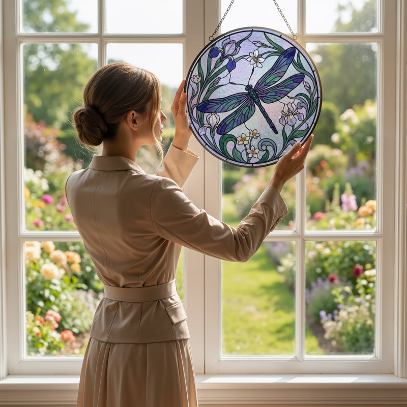 Vitrail de libellule en vitrail floral ， 7,8H, H 7,8 po