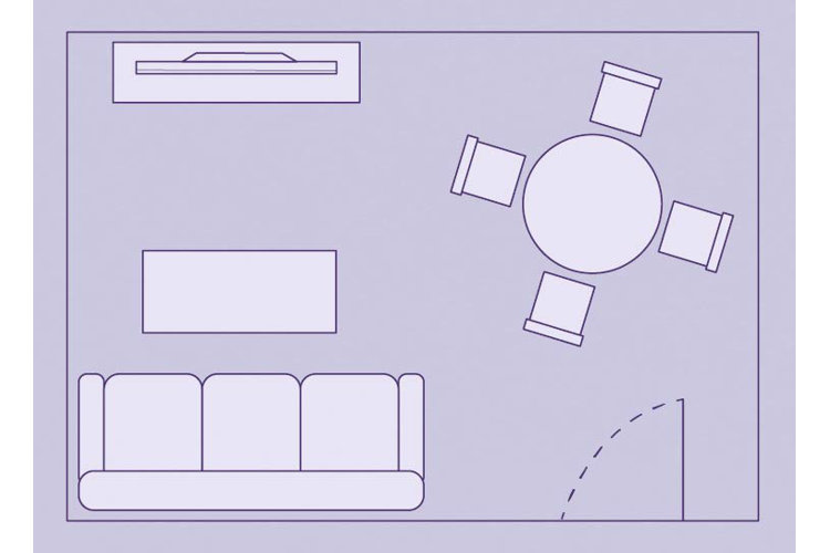 small living room layout with a round dining table