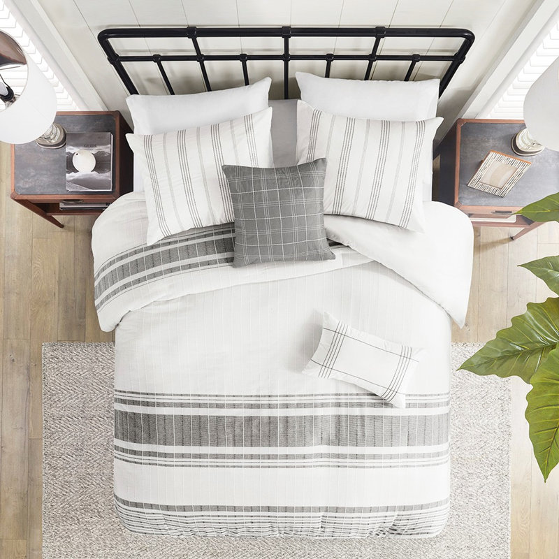 Housse de couette en coton très grand / très grand - gris + blanc 100% coussins texturés à rayures tissées Attaches internes Entretien facile sans machine à laver à la vapeur Blanc / gris 5 pièces Fermeture à boutons de substances nocives