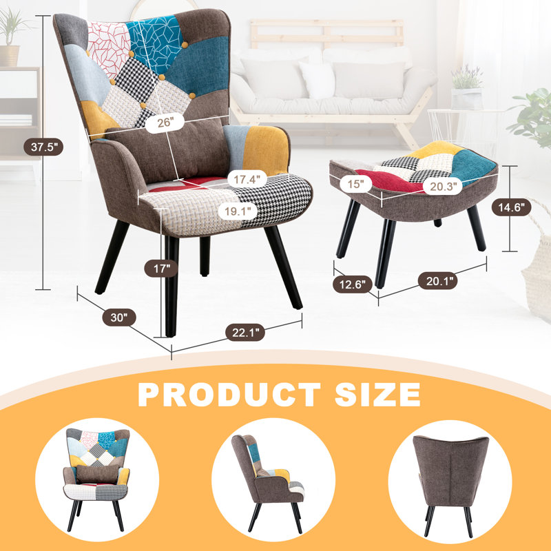 Kohlson 25.59'' Wide Tufted Wingback Chair and Ottoman, Brown