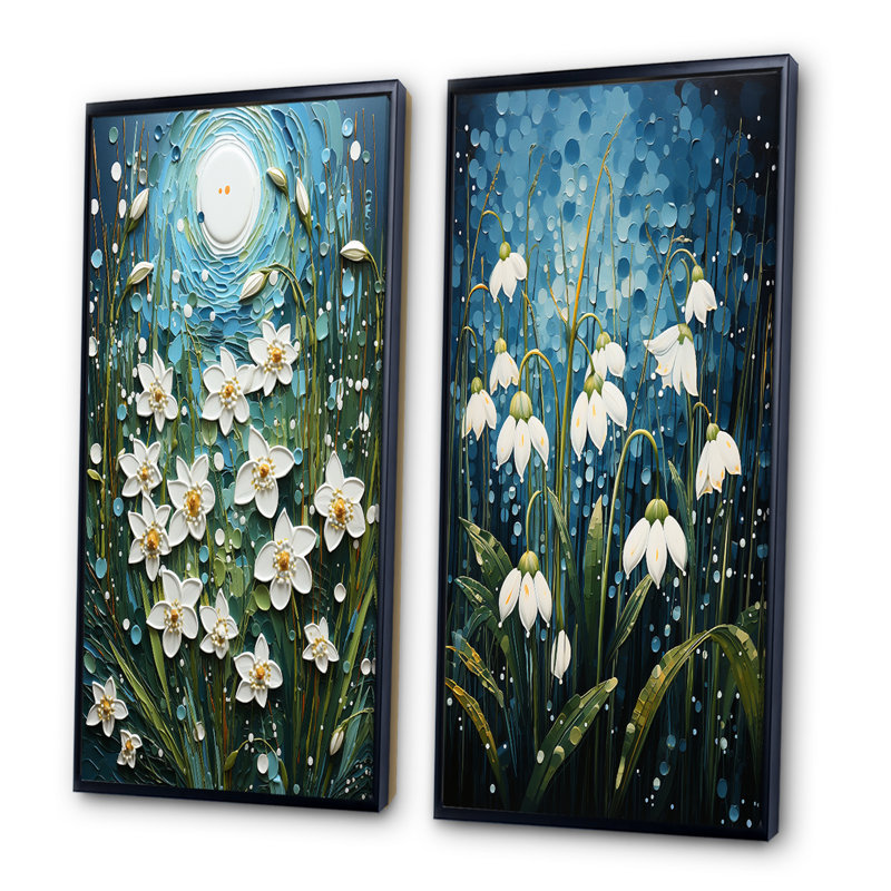 «White Snowdrops Field Pointillism», 2 pièces, H 32 po x l 32 po, Cadre noir