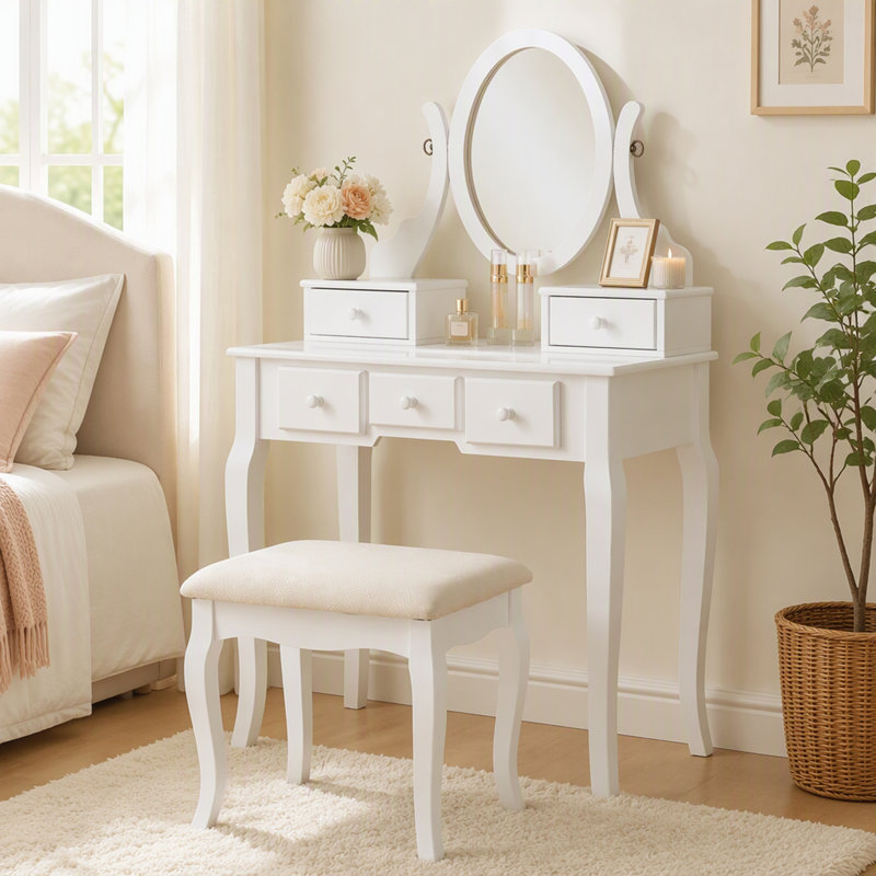 Ensemble coiffeuse et tabouret Ashley Wood, coiffeuse à 5 tiroirs avec miroir ovale réglable, blanc, White
