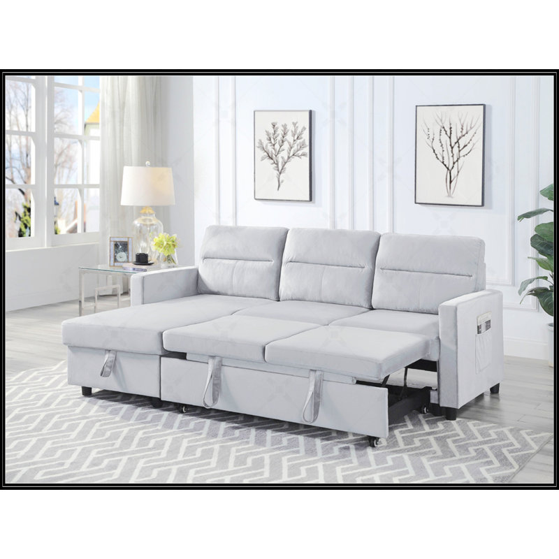 Canapé-lit modulaire réversible en velours avec méridienne de rangement et poche latérale Iride, Gris clair