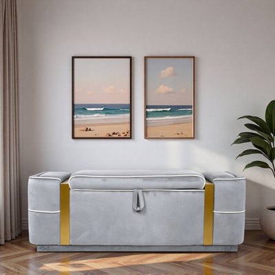 Modern Upholstered Ottoman Bench with Hidden Storage Compartment, Flip-top Design and Gold-Toned Metal Accent Strips