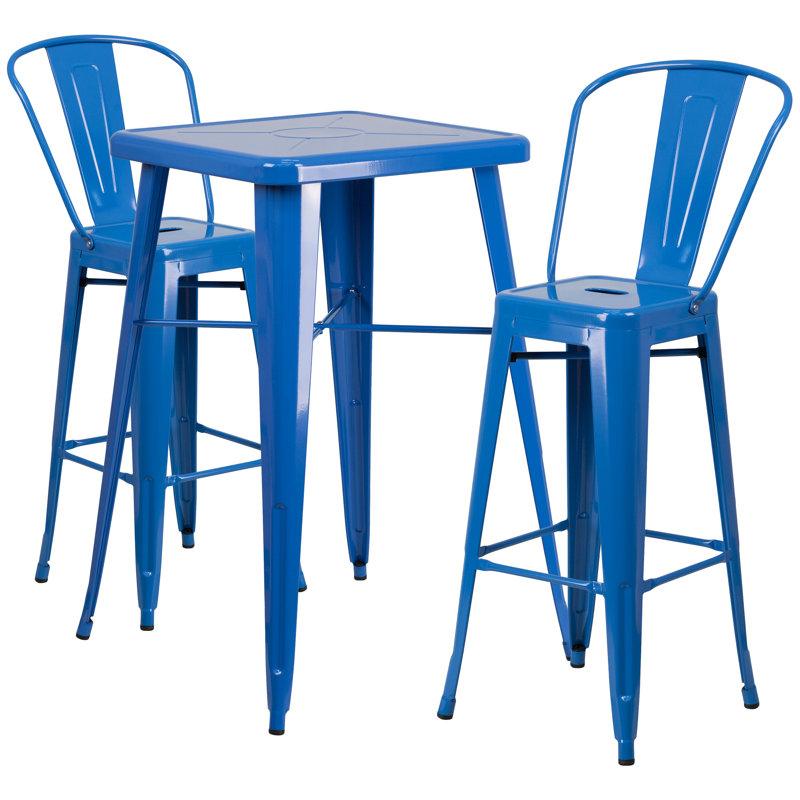 Toquerville Square Metal Indoor-Outdoor Bar Table Set with 2 Stools with Backs, Blue