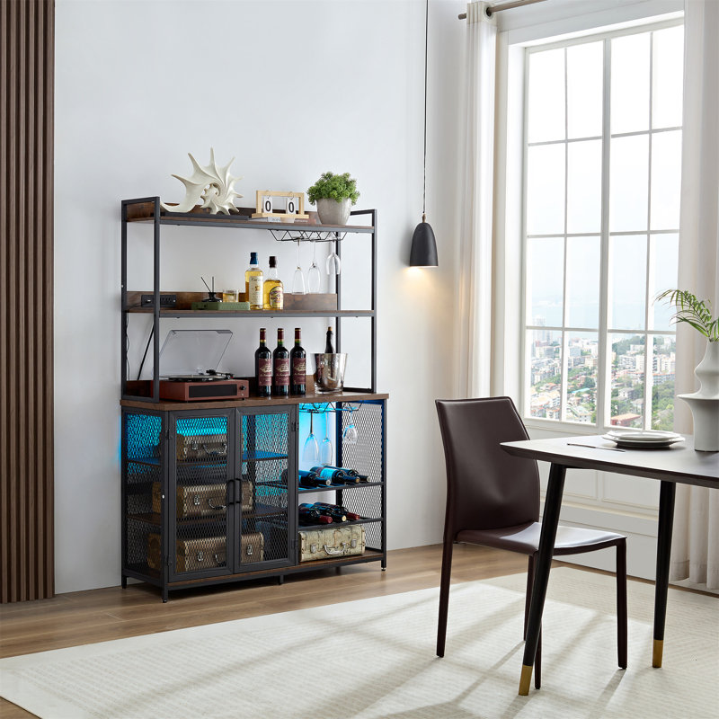 Industrial Black Metal and Wood Coffee Bar Cabinet with LED Strip
