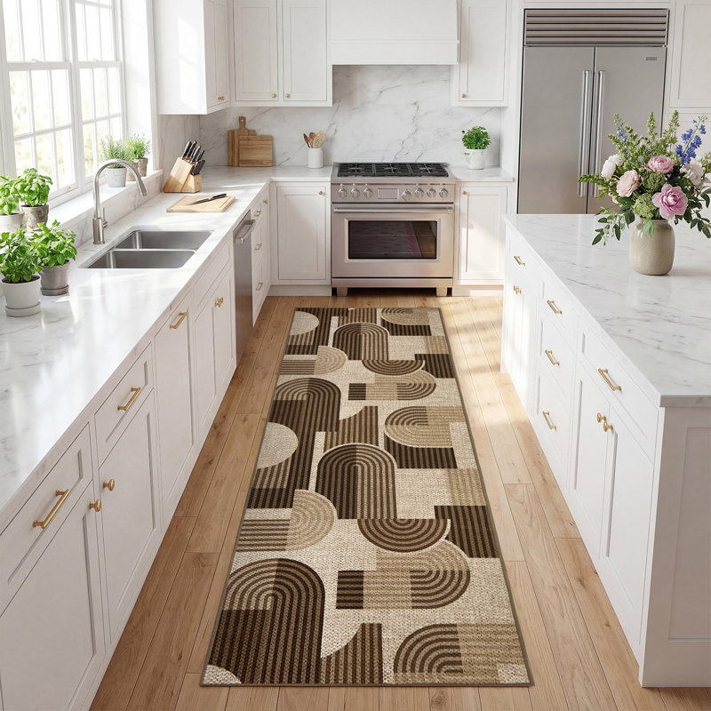 Tapis moderne lavable géométrique pour le salon, la chambre à coucher et le couloir, Brun, Runner 2' x 6'