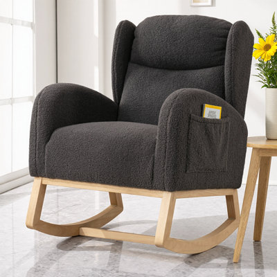 Avellune 38" Teddy Fabric Rocking Chair with Solid Wood Legs – Upholstered Nursery Glider, Ergonomic Backrest, Tufted Design – Comfy Lounge Armchair by Rosalind Wheeler