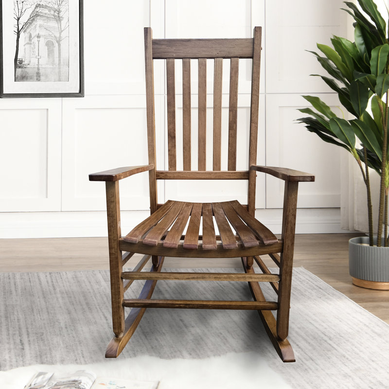 Chaise berçante brune pour adultes de balcon et de porche - Stabilité de fabrication en bois franc massif Assise large et large Accoudoir Dossier à lattes ferme Assemblage facile avec les composants fournis Poids de 250 livres