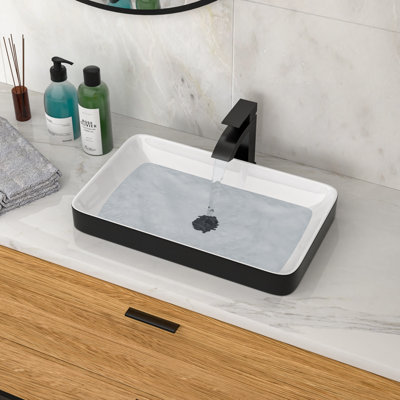 Lavabo de salle de bain semi-encastré en céramique 19 po x 12 po - vasque de comptoir blanche et noire | Idée de cadeau