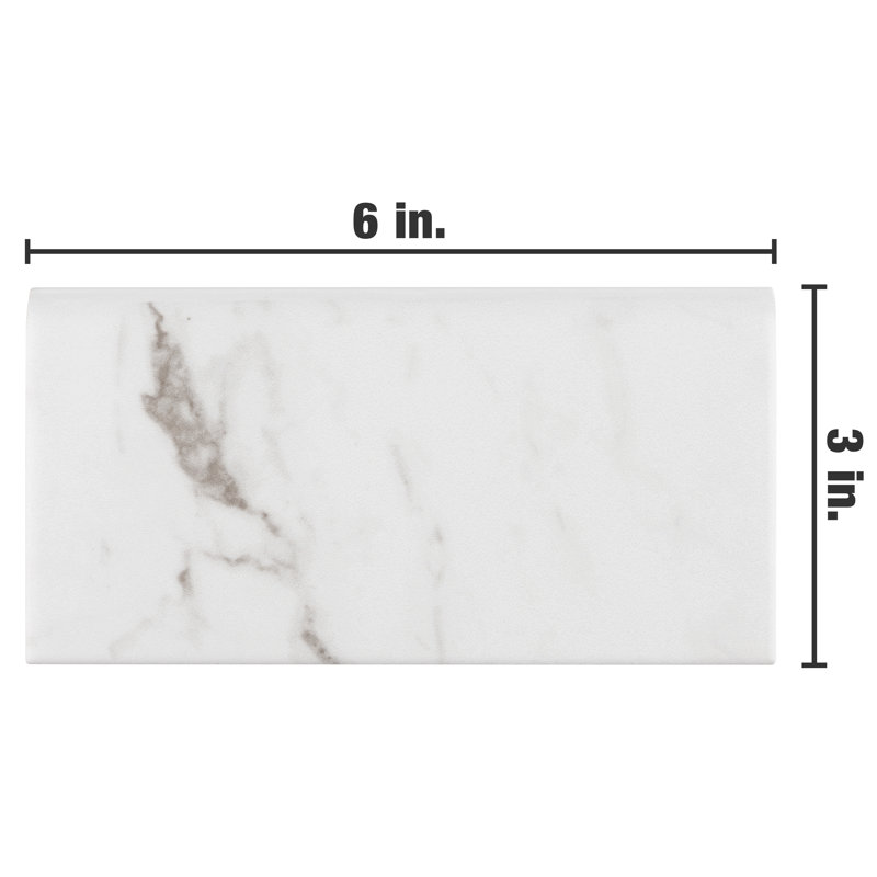 Classico Carrara 6" x 3" Matte Ceramic Bullnose Tile Trim in White/Gray