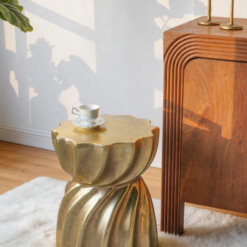 Contemporary Gold Magnesium Accent End Table with Sculptural Swirl Design for Living Room and Entryway Decor