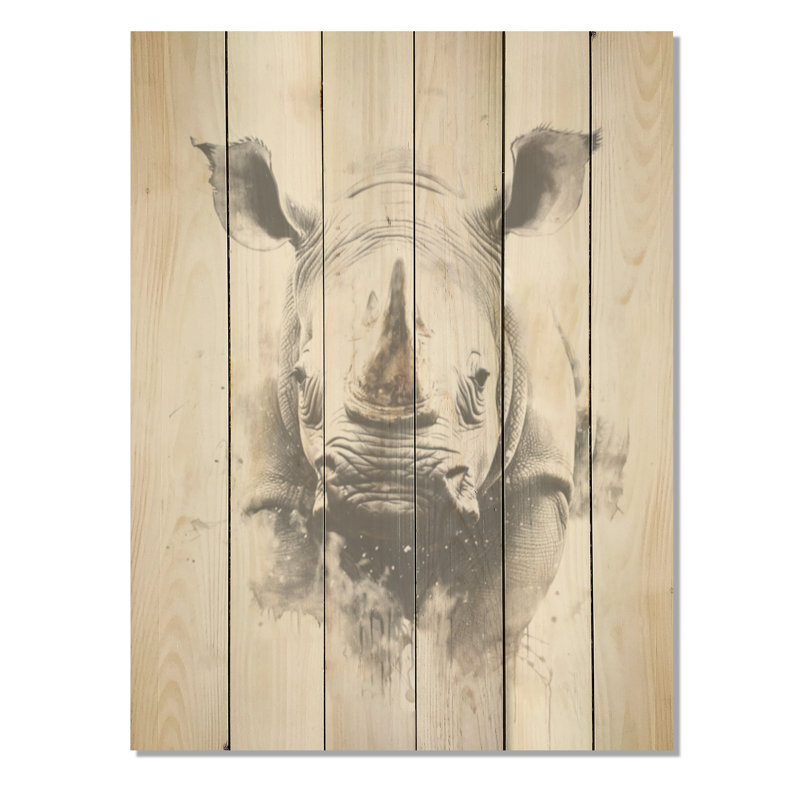 Mighty Stampede Rhinoceros - Rhinocéros, art sur bois de pin naturel, H 32 po x l 24 po