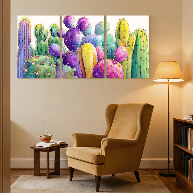 Plantes et fleurs, cactus coloré, ensemble de 3 impressions sur toile, H 18 po x l 36 po