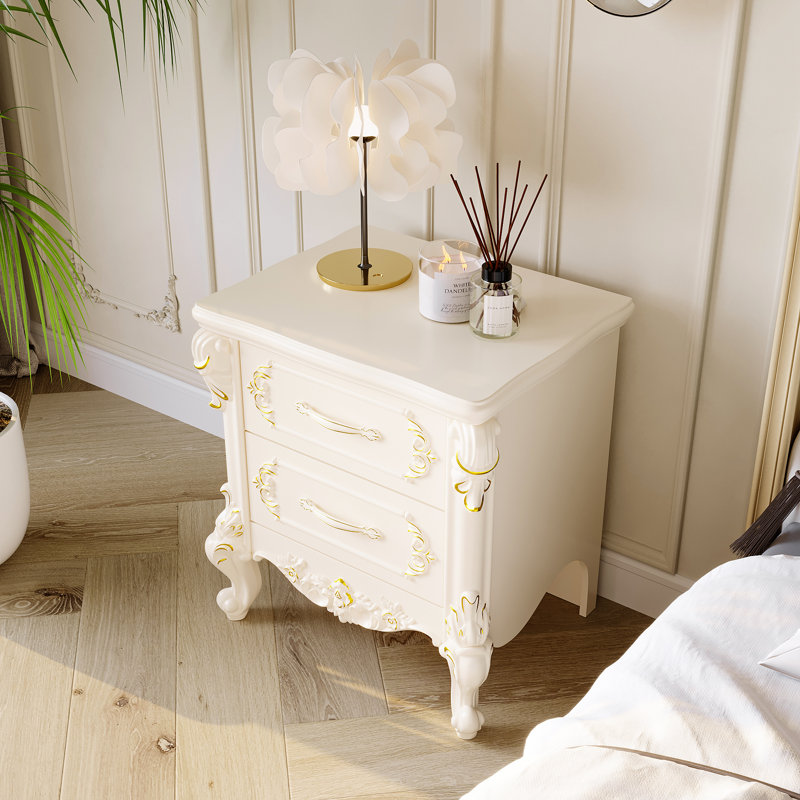 Elegant White Nightstand With Two Drawers And Gold Accents