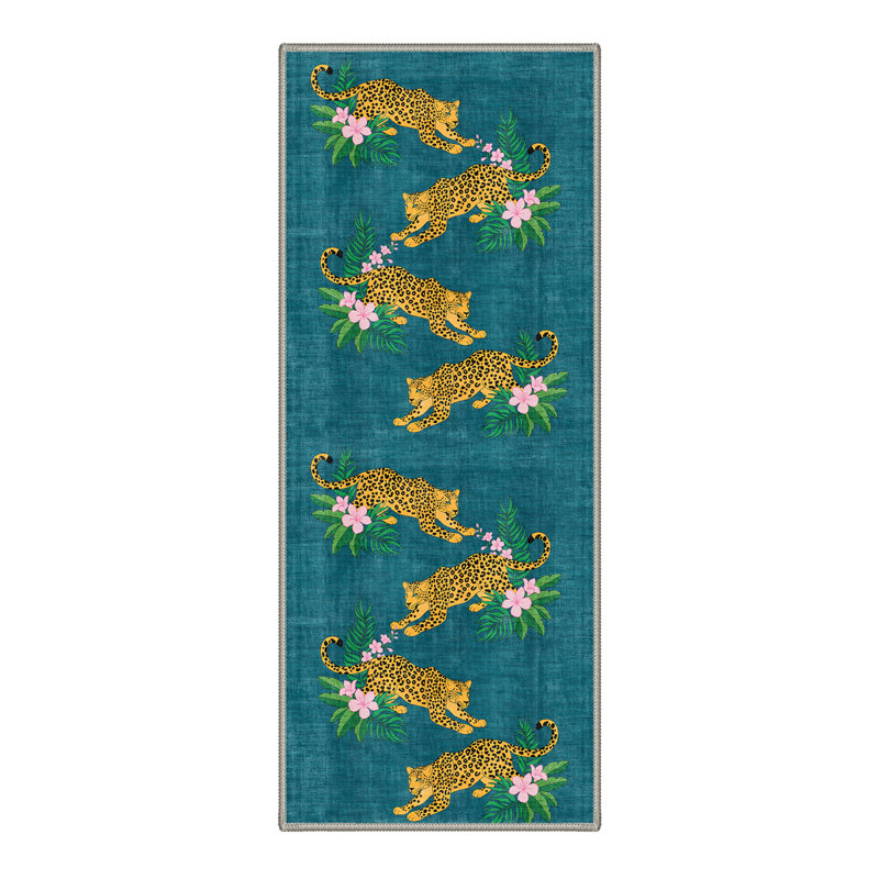 Abraham Tropique Tropical Machine Washable Blue / Green Indoor Area Rug with Non-Slip Backing, Runner 2' x 6'