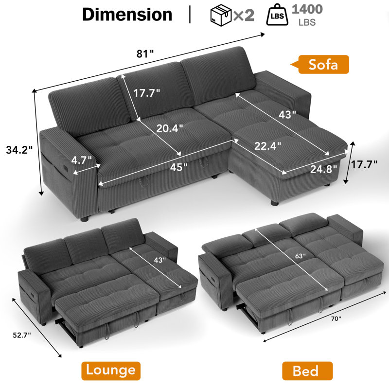 Multifunctional Sectional Sleeper Sofa with USB/Type-C Charging, 5-Position Adjustable Backrest, Tool-Free Assembly, Corduroy Fabric with Washable Covers – L-Shape Sofa