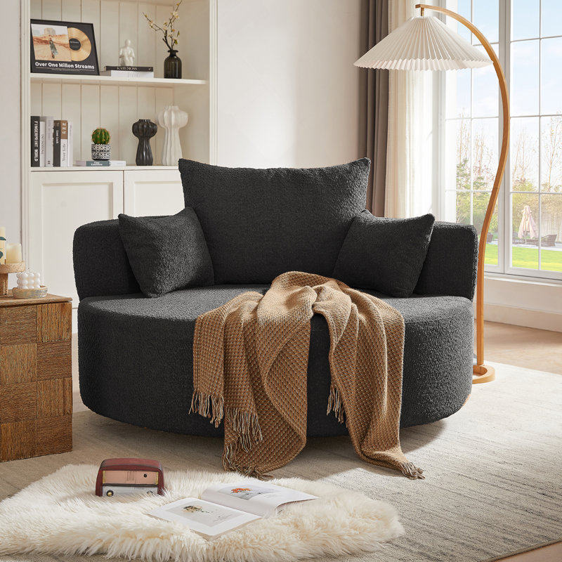 Fauteuil d'appoint en chenille pivotant à 360 ° Chunni avec coussins amovibles, H 35,5 po x l 56,3 po x P 56,3 po, Noir