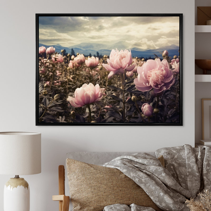 Champ de pivoines roses - reproduction sur toile, 12" H x 20" W, Cadre flottant noir