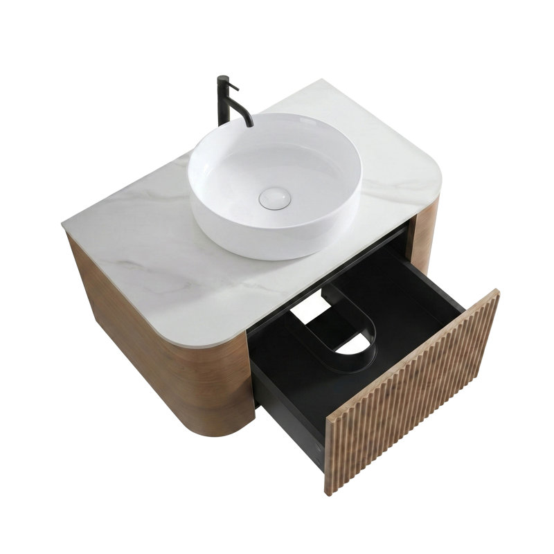 Meuble-lavabo flottant de 30 po avec lavabo vasque et barre à serviettes intégrée, Chêne naturel, Blanc neige