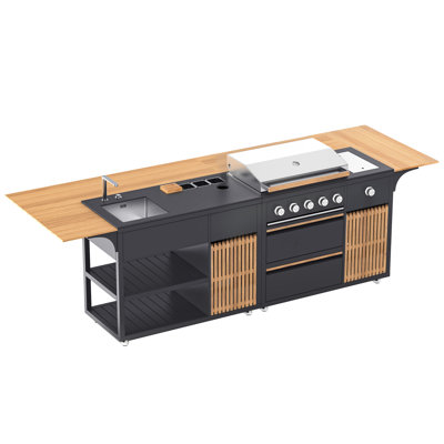 Cuisine d'extérieur modulaire en teck VESTIVium, 2 pièces - station de barbecue et évier SS304 à 5 brûleurs, barbecue simplifié pour cour arrière