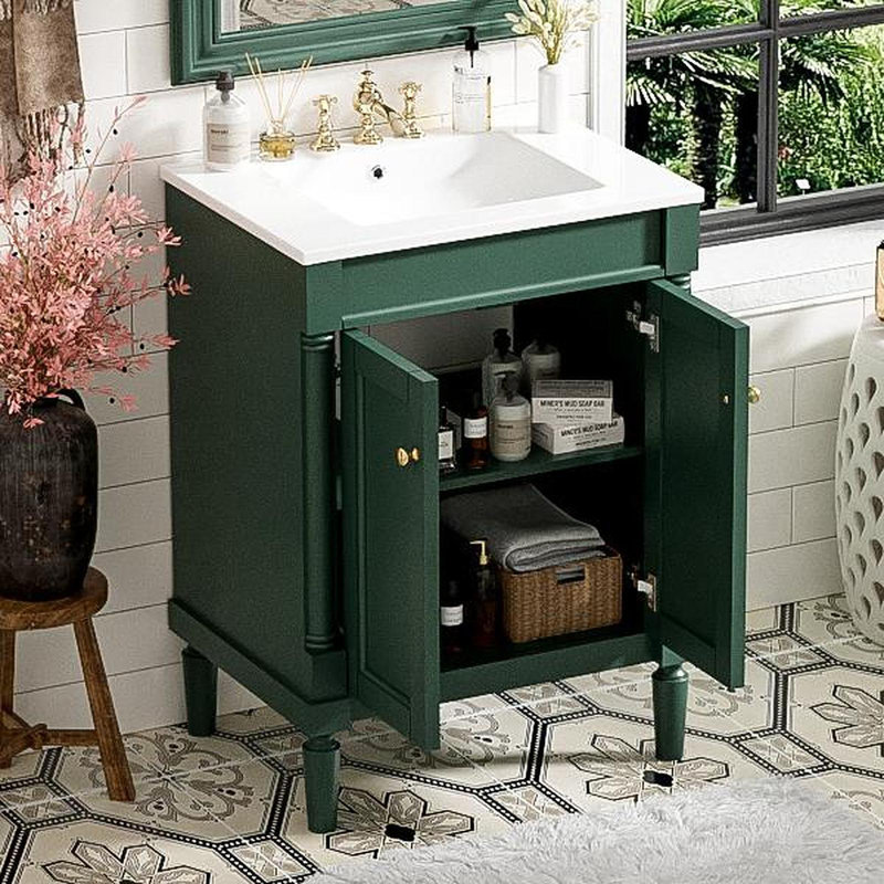 Meuble-lavabo 24 po avec lavabo supérieur, meuble de rangement moderne à 2 niveaux, meuble-lavabo simple, grandes tablettes de rangement
